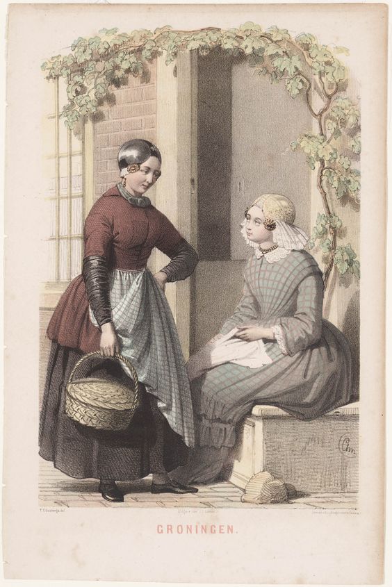 Een Groningse vrouw met dienstbode, vervaardigd door Thomas Teekes; Lithograaf: H.I. van Hoogstraten; Uitg. Jr. J.C. Loman. Prent vervaardigd tussen 1845 en 1855, hoogte 27 cm, breedte 18 cm.